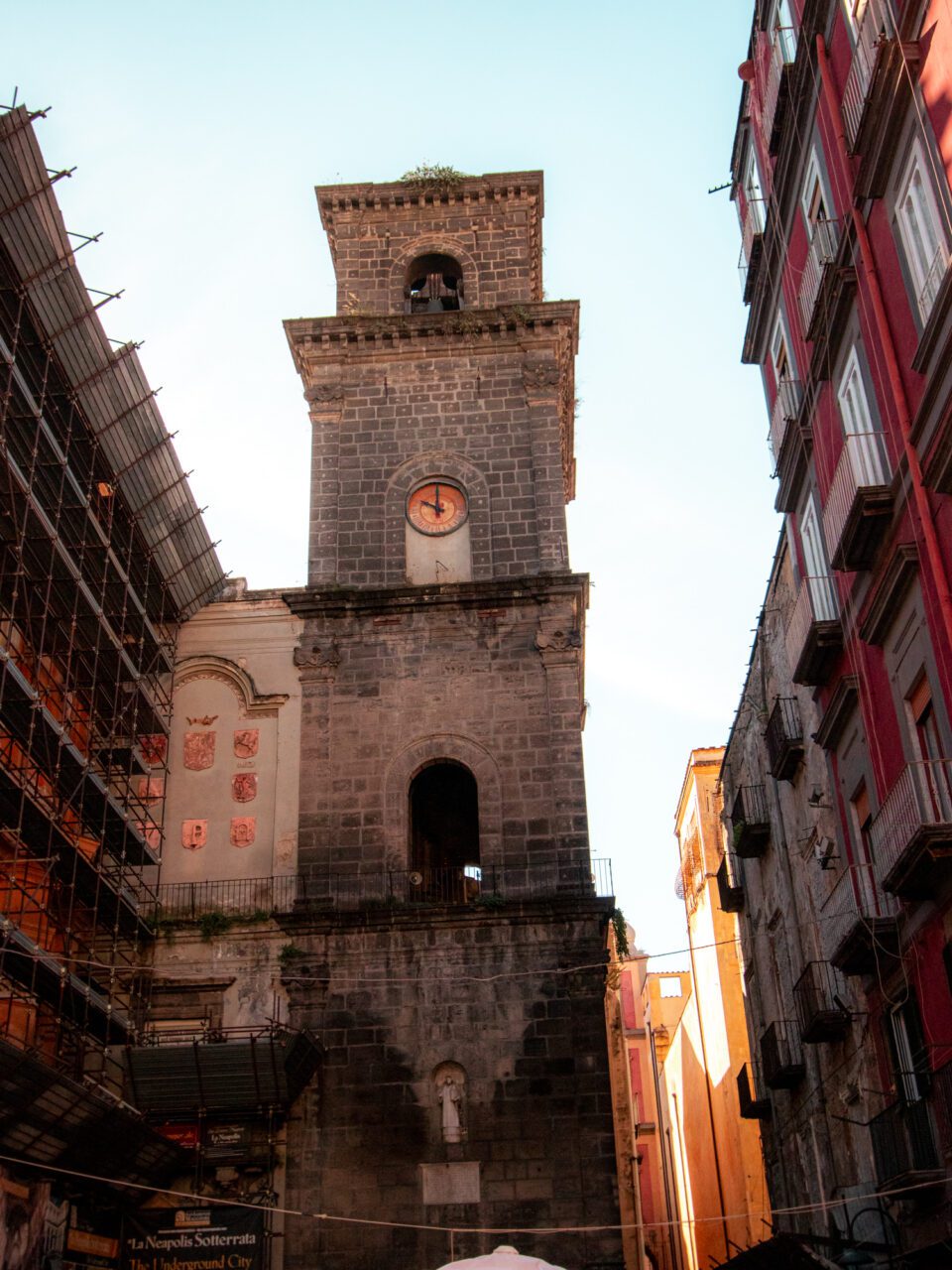 The stone clock tower at the entrance to the underground - a true Naples classic