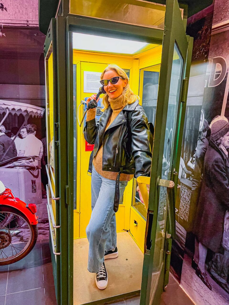Iconic yellow phone booth at Museum of Life under Communism