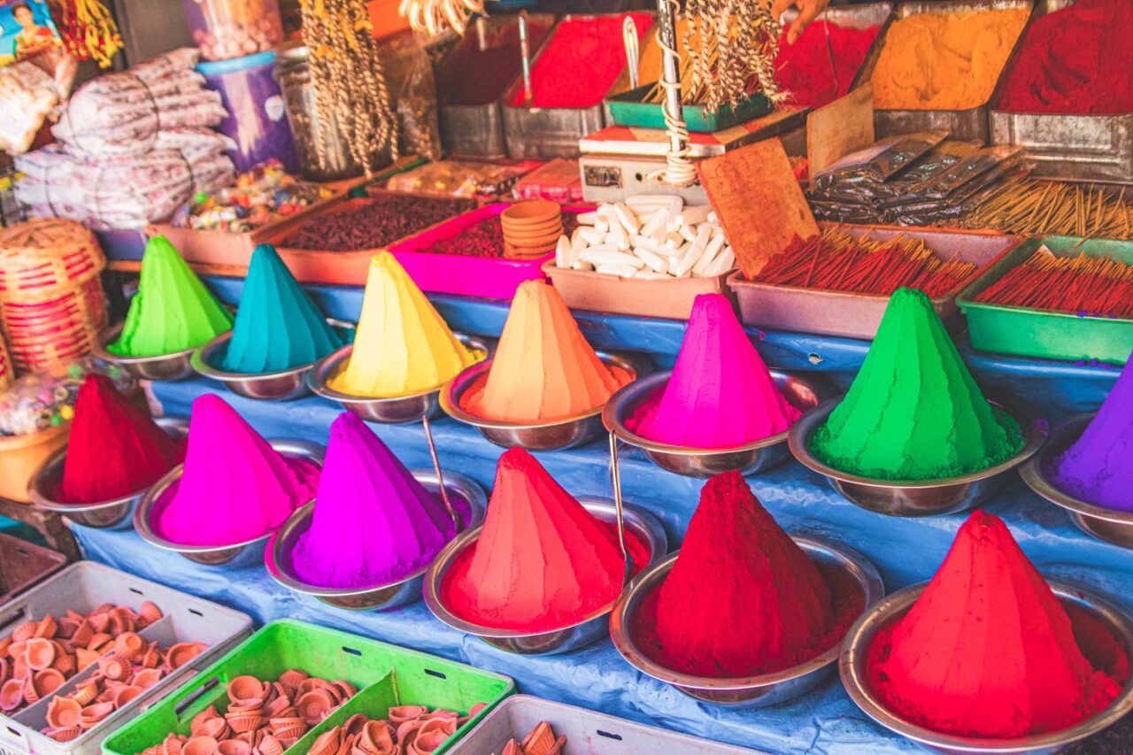 Colors of Mysore - a bazaar filled with Holi festival powders, incense and aromatic spices