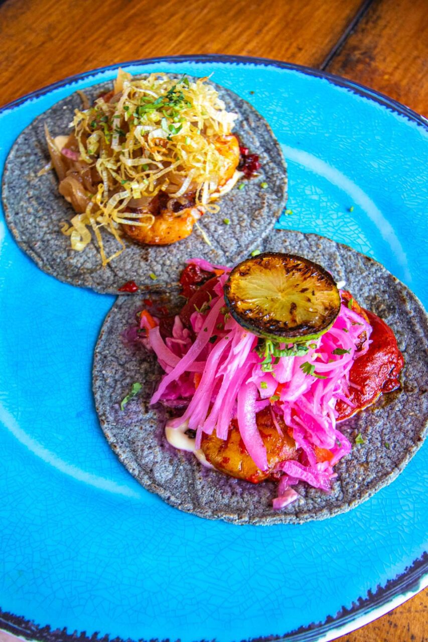 Dwa kolorowe tacos na niebieskim talerzu – jedno z krewetkami, karmelizowaną cebulą i chrupiącym topem, drugie z marynowaną czerwoną cebulą, grillowaną limonką i kawałkami ryby, podane na niebieskich tortillach z niebieskiej kukurydzy. Danie z Holbox Foodie Market.