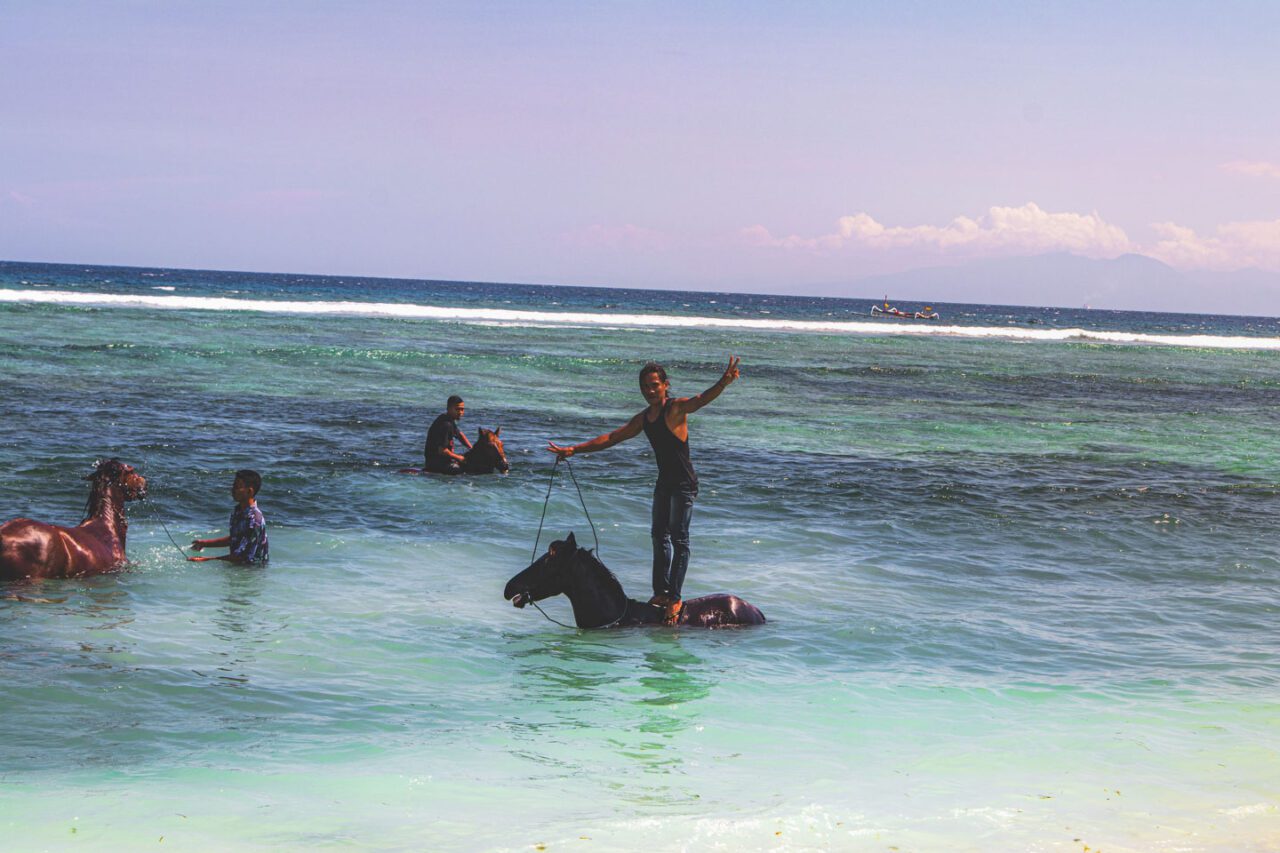 Local boys washing horses in shallow turquoise water on Gili Trawangan.