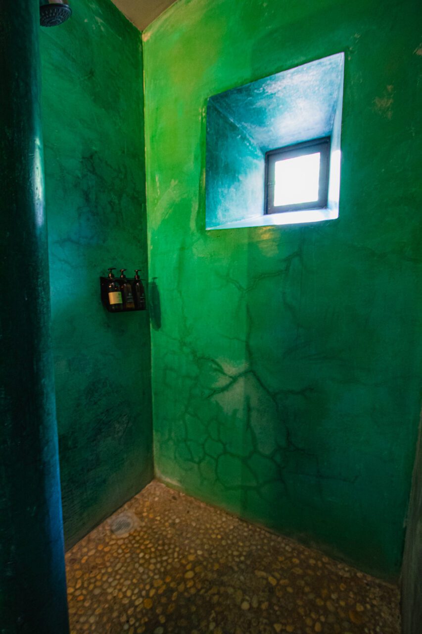 Butikowa łazienka w Casa Arrona Oaxaca z zielonymi ścianami