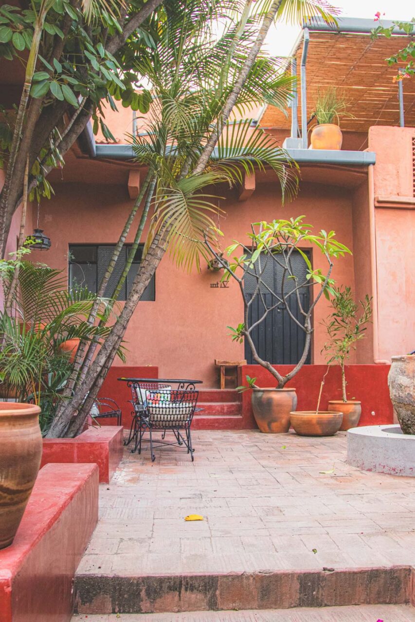 The hotel courtyard in Oaxaca with palm trees, potted plants, and pastel architecture.