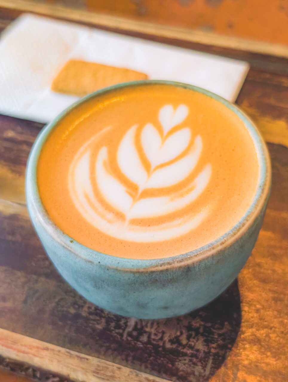 Coffee with latte art at Café Avellaneda in Mexico City, a local coffee shop frequented by residents, a peaceful break during my travels.