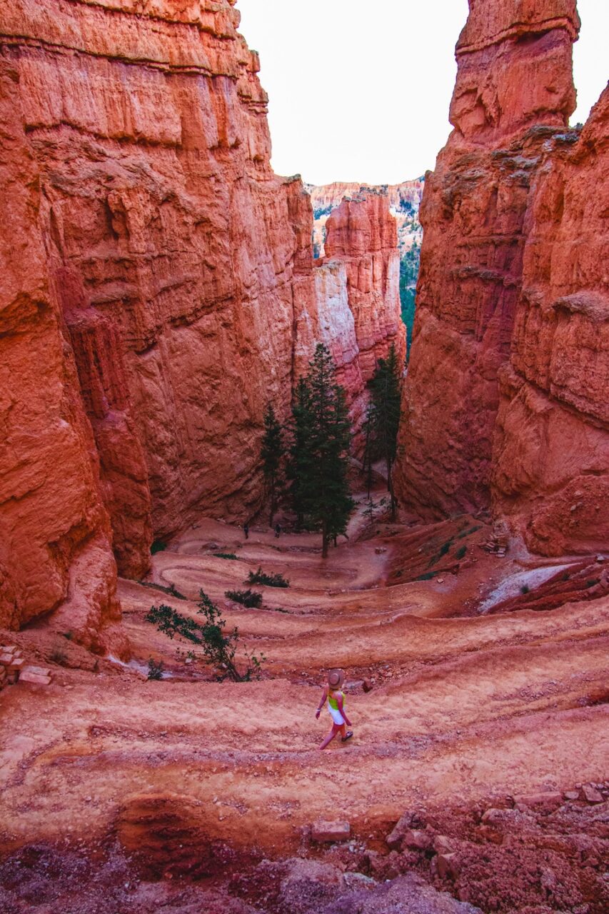 Szlak w Parku Narodowym Bryce Canyon w Utah, czerwone ściany kanionu i kręta ścieżka między formacjami skalnymi, osoba schodząca w dół kanionu.
