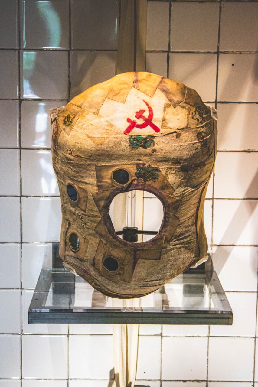Frida Kahlo's orthopedic corset is on display at Casa Azul in Coyoacán, Mexico City, a personal item of the artist related to her pain and treatment after her accident.