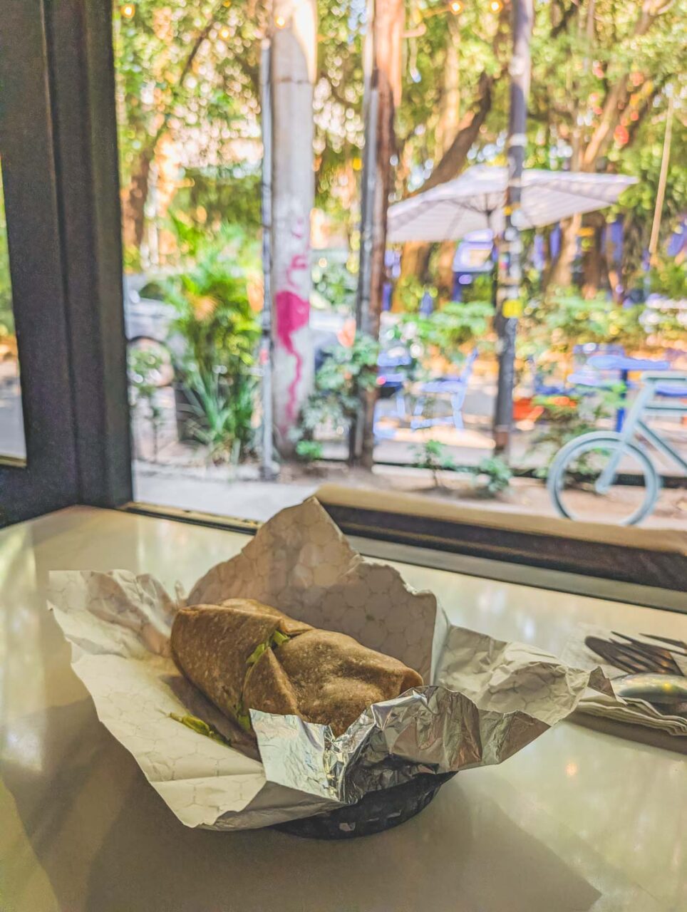 A vegan burrito served at the Mora Mora cafe in the Condesa district of Mexico City, a plant-based lunch on a plate by the window.