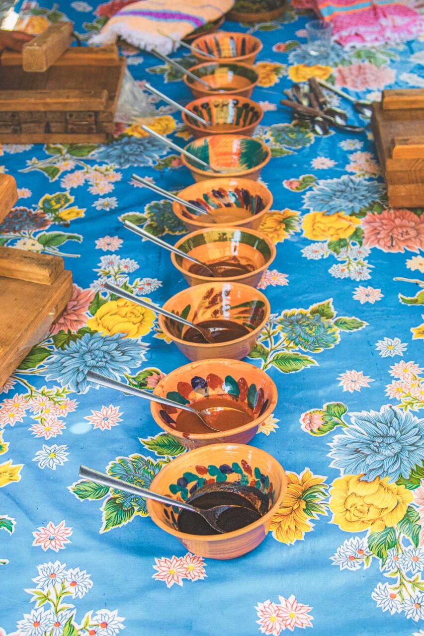 Traditional mole from Oaxaca served in clay bowls.