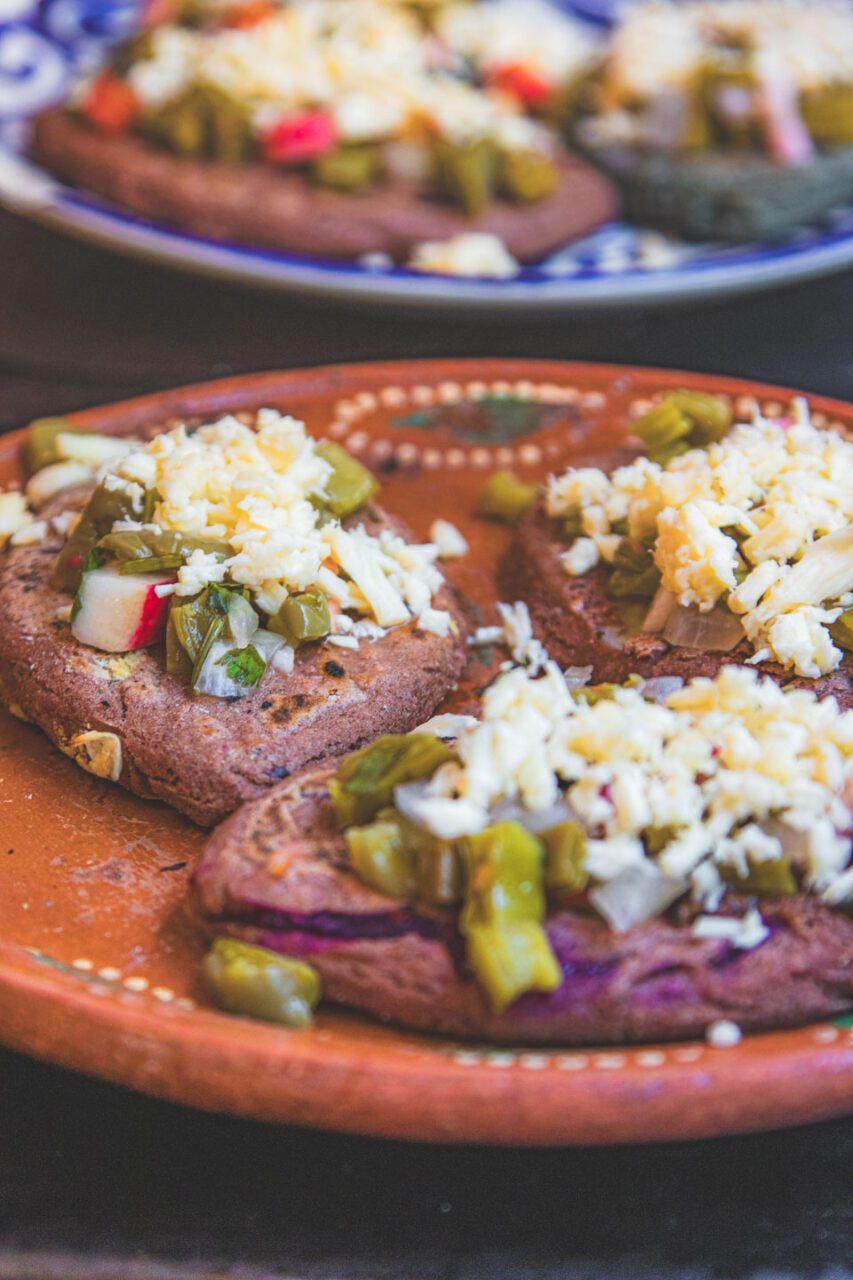 Tlacoyos served for lunch at Ecosenti restaurant in Mexico City, a traditional corn-based dish with various toppings, a peaceful meal during the day.