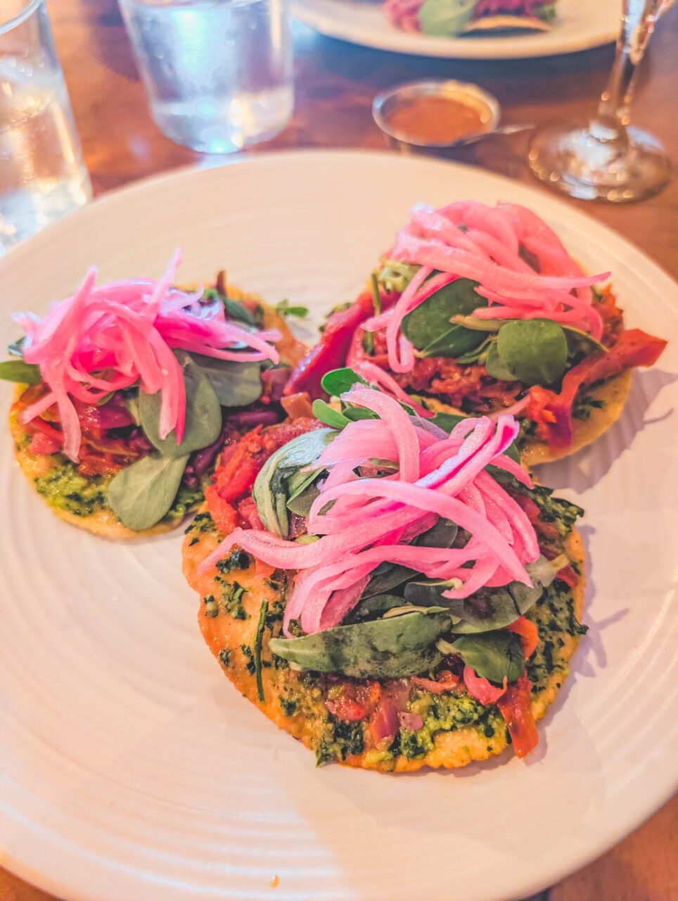 Vegetarian tostadas at Sabina Sabe in Oaxaca – crispy corn tortillas with green sauce, vegetables, and pickled red onion.