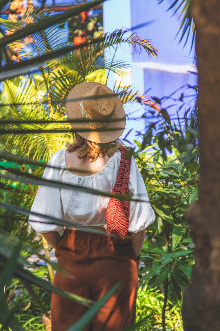 A woman walking among greenery in Mexico City, a peaceful residential area, reminiscent of the atmosphere of the Coyoacán and Condesa neighborhoods.