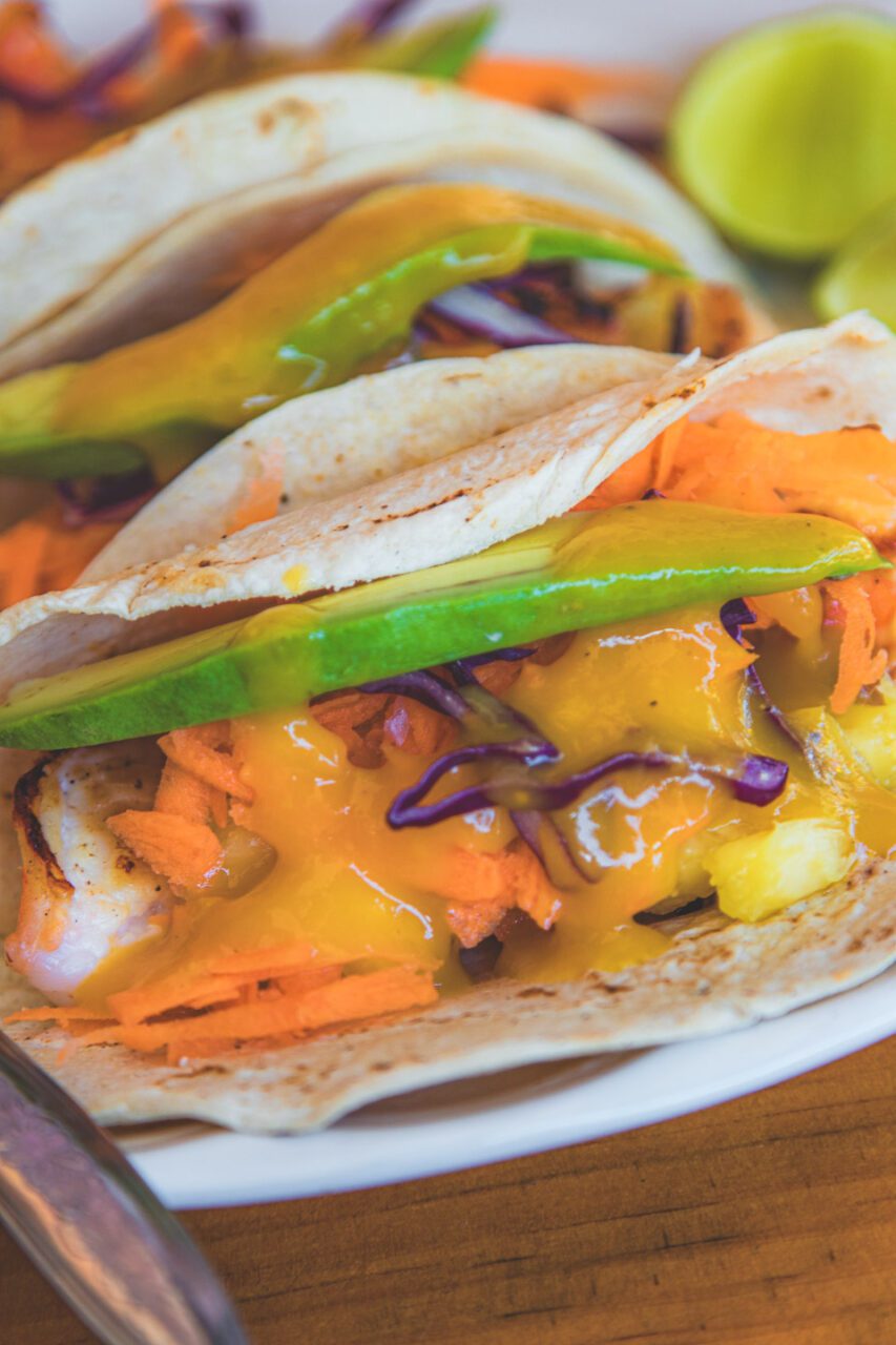Shrimp tacos at The Fish Burrito in Mazunte, Oaxaca, Mexico.