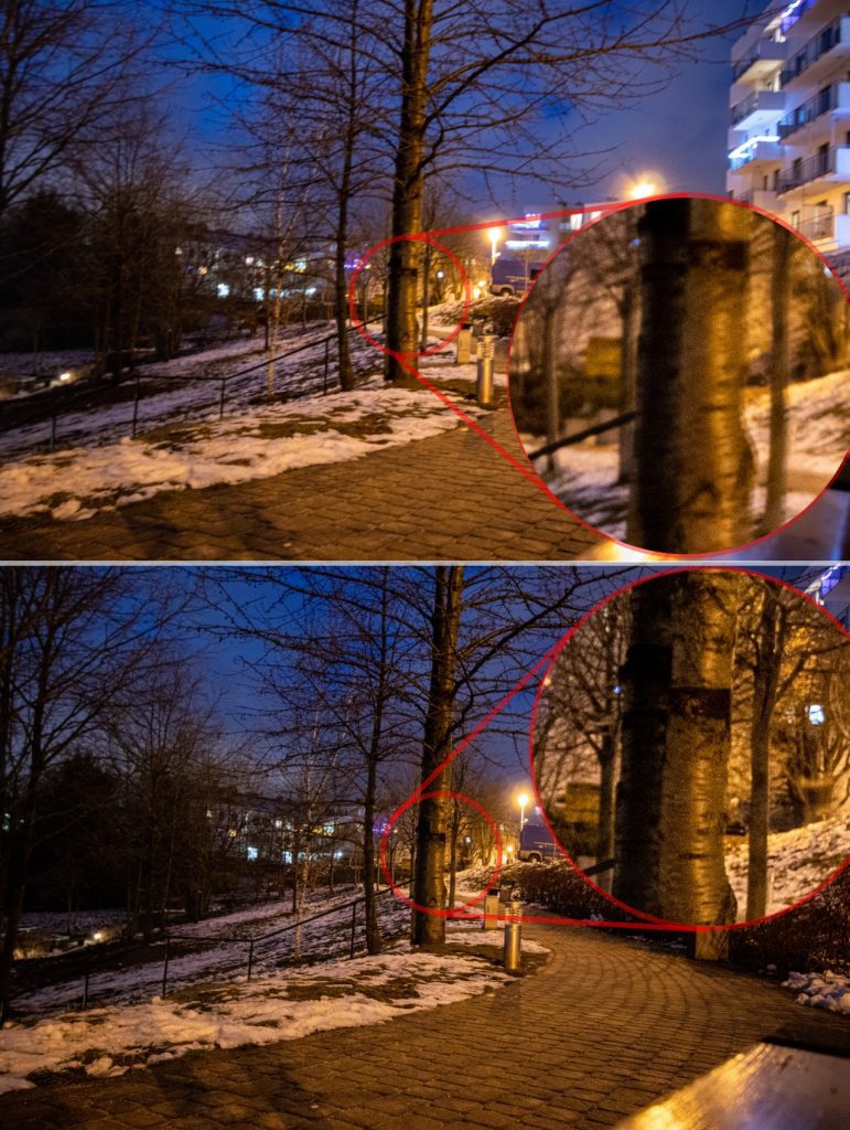 Comparison of details - top photo without trigger delay, bottom with delayed trigger