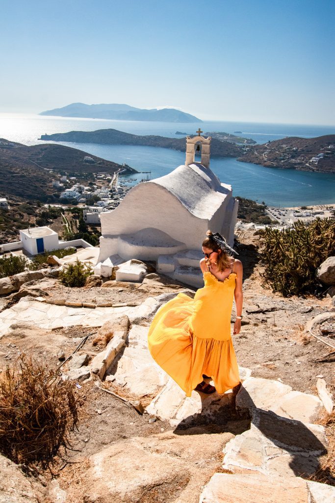 Woman in yellow dress in Chora, Ios, Greece