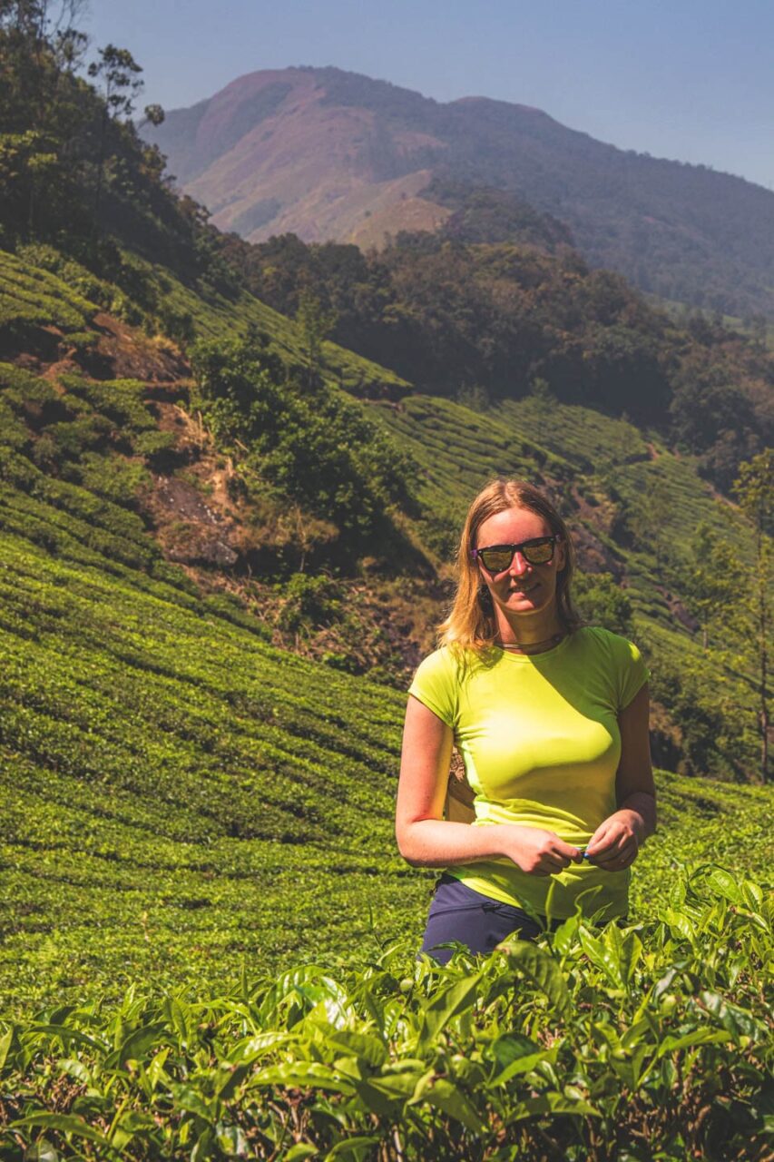 Kobieta stojąca wśród krzewów herbacianych na plantacji w Munnar, w indyjskim stanie Kerala – otoczona wzgórzami i soczystą zielenią herbaty.