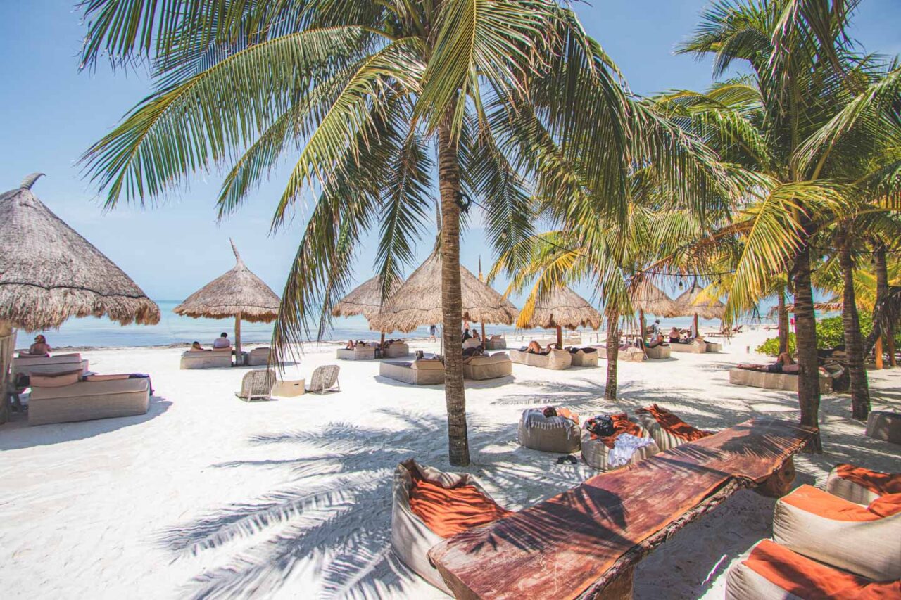 Plażowe łóżka i palmy przy hotelu Mandarina na Isla Holbox – relaks w cieniu tropikalnych drzew, biała plaża i turkusowe morze.