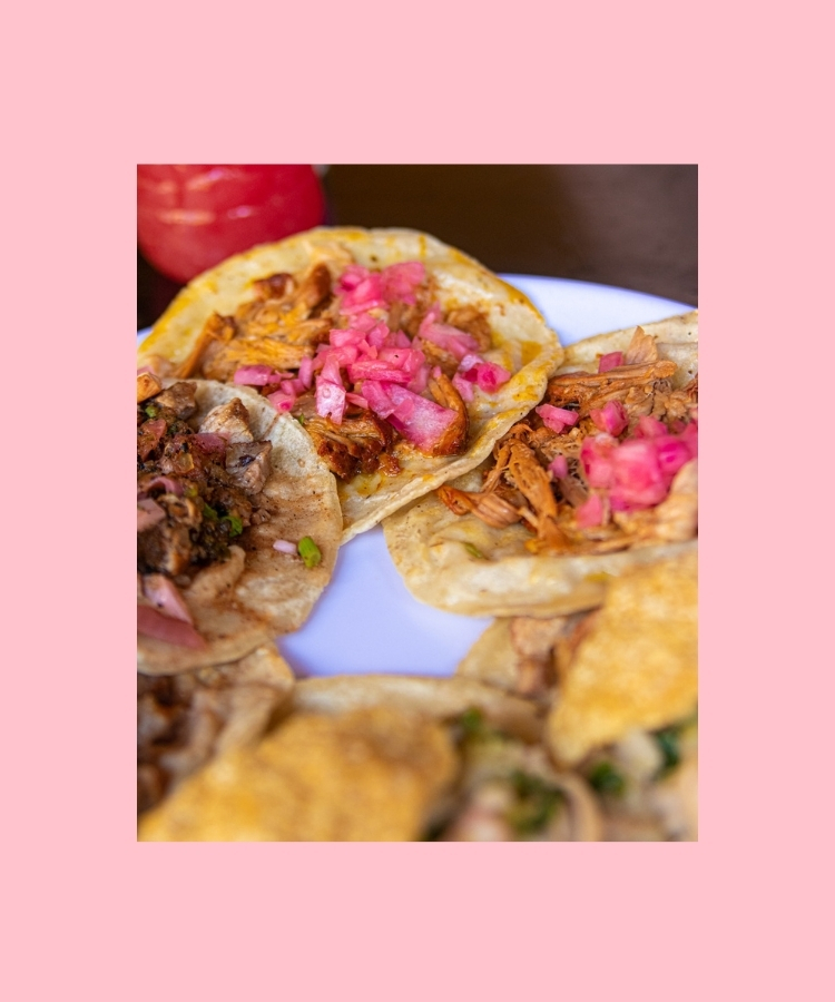 Cochinita pibil tacos with pickled red onions – a traditional Yucatán dish served on a plate.