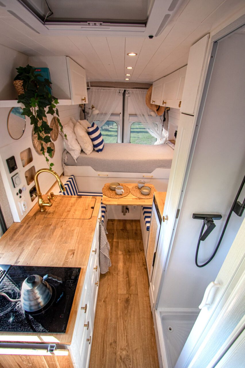 The finished DIY camper interior after construction.