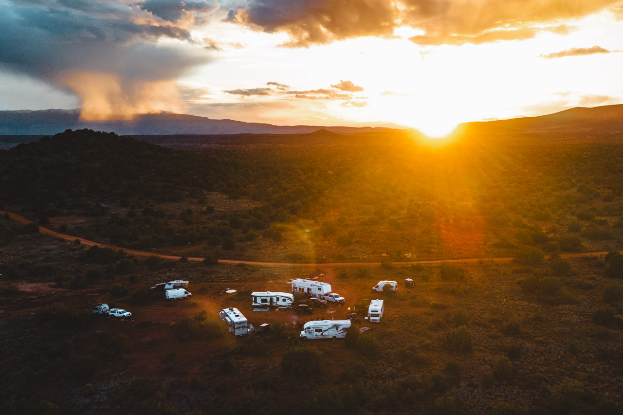campervans parked on BLM land near Sedona at sunset Arizona desert